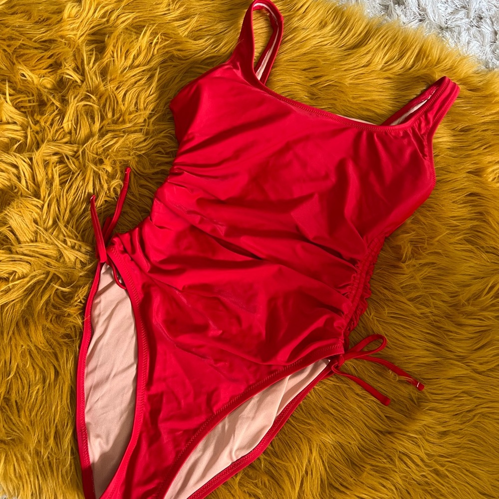 J. Crew Venetian Red Ruched Side Tie One-Piece Swimsuit NWOT Sz 10